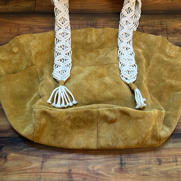 Free People Large Mustard Yellow Suede Tote Bag w/ Braided Woven Straps - Picture 4 of 10